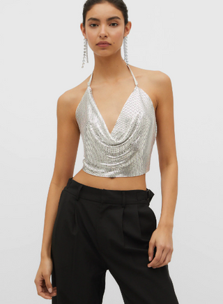 Silver Shiny Mesh Metallic Top