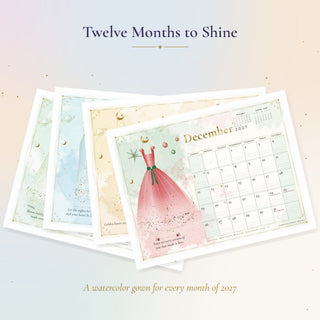 Four 2027 monthly calendar pages fanned out, each with a watercolor gown, December in front with a red gown and holiday ornaments.