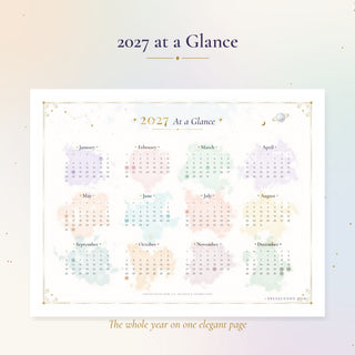 2027 year at a glance page showing all twelve months on soft watercolor patches with holidays circled.