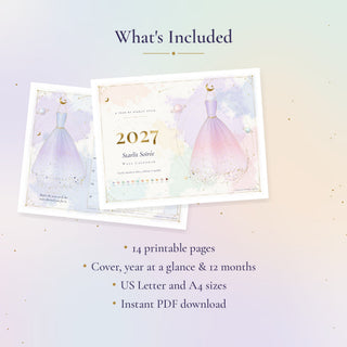 What's included in the free 2027 printable calendar: 14 pages, cover, year at a glance and 12 months, US Letter and A4 sizes, instant PDF download.