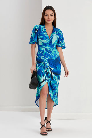 Angel Sleeve Printed Wrap Midi Dress, full-length view