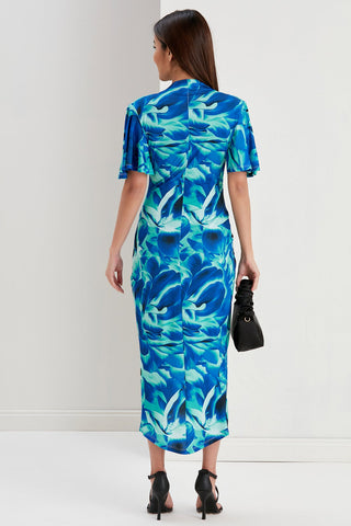 Angel Sleeve Printed Wrap Midi Dress, full-length view