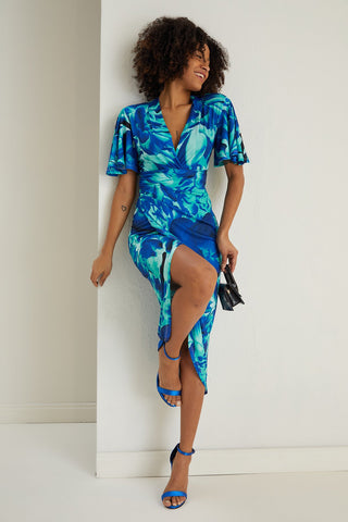 Angel Sleeve Printed Wrap Midi Dress, full-length view