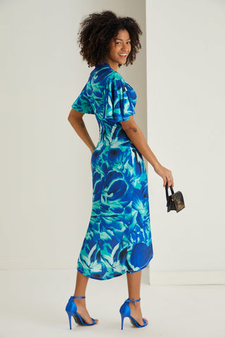 Angel Sleeve Printed Wrap Midi Dress, full-length view