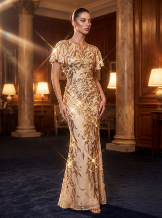 Short Sleeve Sequin Fishtail High Stretch Round Neck Evening Dresses