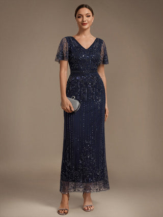 Plus Size Short Sleeve Tulle Sheath V-Neck Ruffle Cocktail Dresses