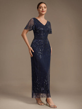 Plus Size Short Sleeve Tulle Sheath V-Neck Ruffle Cocktail Dresses