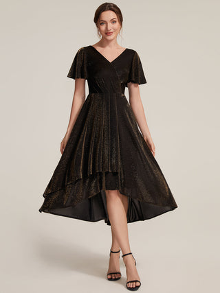 Short Sleeve Ruffle A-Line High Stretch Cross-over Cocktail Dresses