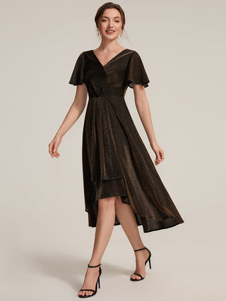 Short Sleeve Ruffle A-Line High Stretch Cross-over Cocktail Dresses