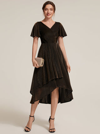 Short Sleeve Ruffle A-Line High Stretch Cross-over Cocktail Dresses
