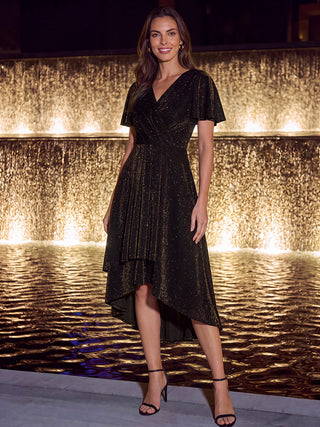 Short Sleeve Ruffle A-Line High Stretch Cross-over Cocktail Dresses