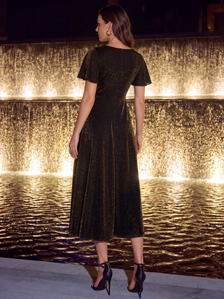 Short Sleeve Ruffle A-Line High Stretch Cross-over Cocktail Dresses