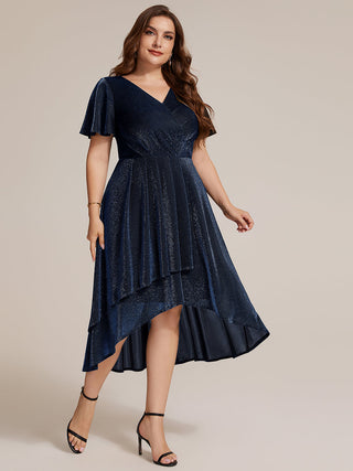 Short Sleeve Ruffle A-Line High Stretch Cross-over Cocktail Dresses