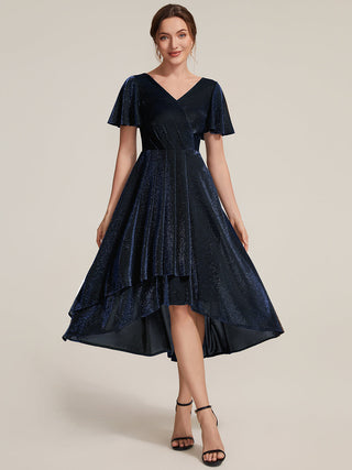 Short Sleeve Ruffle A-Line High Stretch Cross-over Cocktail Dresses