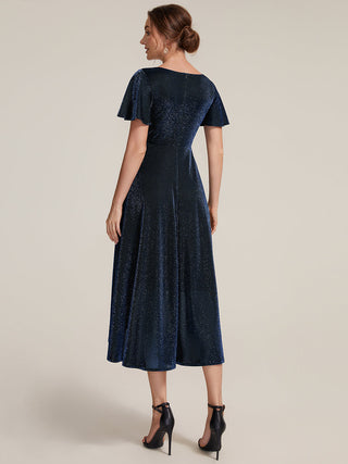 Short Sleeve Ruffle A-Line High Stretch Cross-over Cocktail Dresses