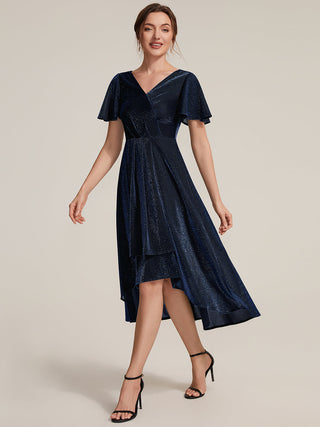 Short Sleeve Ruffle A-Line High Stretch Cross-over Cocktail Dresses