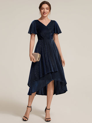 Short Sleeve Ruffle A-Line High Stretch Cross-over Cocktail Dresses