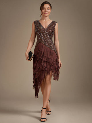 Plus Size Sleeveless V-Neck Beaded Tulle Asymmetrical Cocktail Dresses