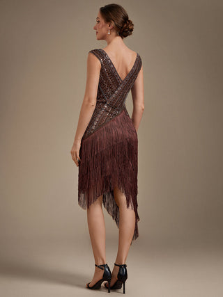 Plus Size Sleeveless V-Neck Beaded Tulle Asymmetrical Cocktail Dresses