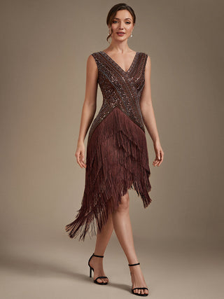 Plus Size Sleeveless V-Neck Beaded Tulle Asymmetrical Cocktail Dresses