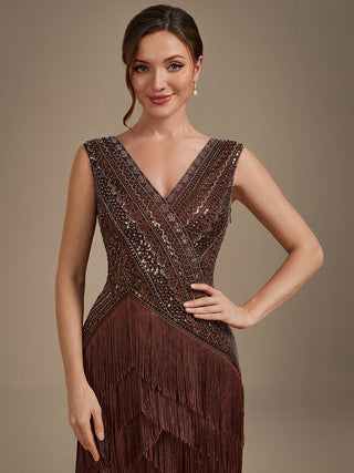 Plus Size Sleeveless V-Neck Beaded Tulle Asymmetrical Cocktail Dresses