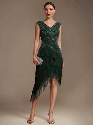 Plus Size Sleeveless V-Neck Beaded Tulle Asymmetrical Cocktail Dresses