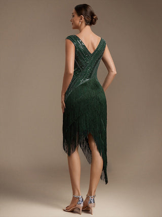 Plus Size Sleeveless V-Neck Beaded Tulle Asymmetrical Cocktail Dresses
