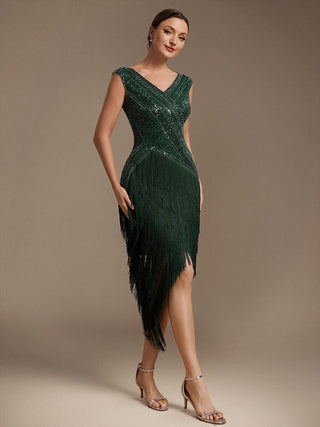 Plus Size Sleeveless V-Neck Beaded Tulle Asymmetrical Cocktail Dresses