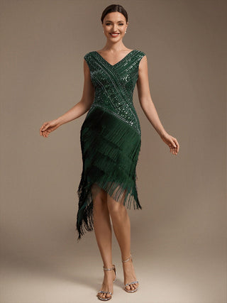 Plus Size Sleeveless V-Neck Beaded Tulle Asymmetrical Cocktail Dresses
