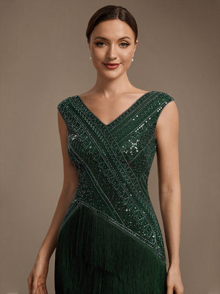 Plus Size Sleeveless V-Neck Beaded Tulle Asymmetrical Cocktail Dresses