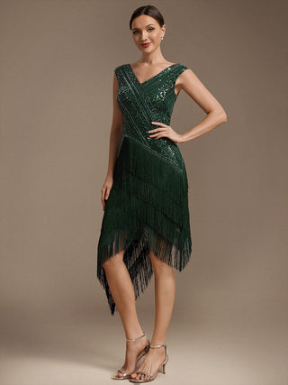 Plus Size Sleeveless V-Neck Beaded Tulle Asymmetrical Cocktail Dresses