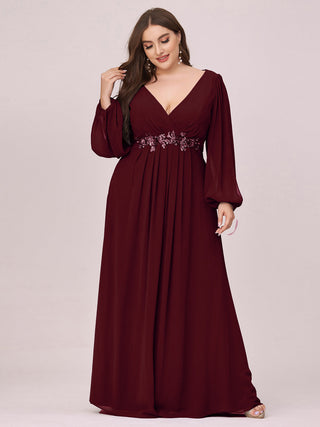 Long Sleeve A-Line Floor Length Deep V-Neck Evening Dresses