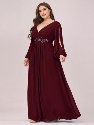 Long Sleeve A-Line Floor Length Deep V-Neck Evening Dresses