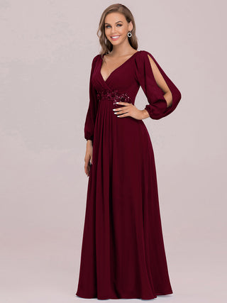 Long Sleeve A-Line Floor Length Deep V-Neck Evening Dresses