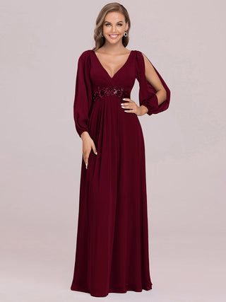 Long Sleeve A-Line Floor Length Deep V-Neck Evening Dresses