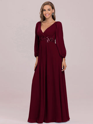 Long Sleeve A-Line Floor Length Deep V-Neck Evening Dresses