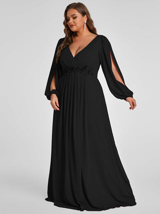 Long Sleeve A-Line Floor Length Deep V-Neck Evening Dresses