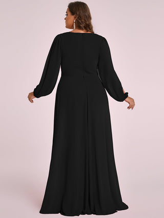 Long Sleeve A-Line Floor Length Deep V-Neck Evening Dresses
