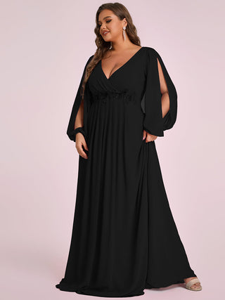 Long Sleeve A-Line Floor Length Deep V-Neck Evening Dresses