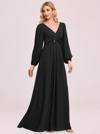 Long Sleeve A-Line Floor Length Deep V-Neck Evening Dresses
