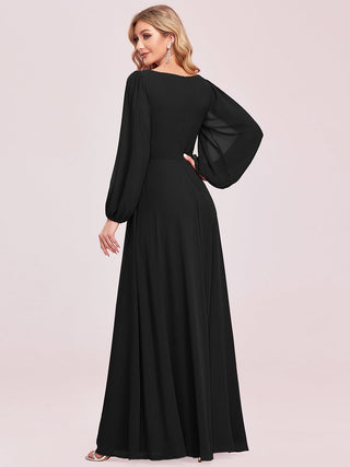 Long Sleeve A-Line Floor Length Deep V-Neck Evening Dresses