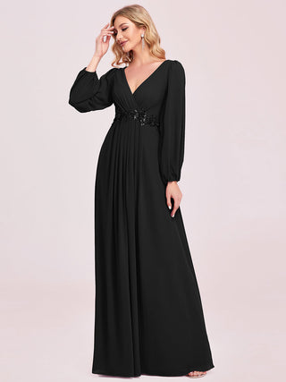 Long Sleeve A-Line Floor Length Deep V-Neck Evening Dresses
