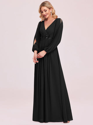 Long Sleeve A-Line Floor Length Deep V-Neck Evening Dresses