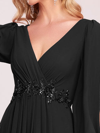 Long Sleeve A-Line Floor Length Deep V-Neck Evening Dresses