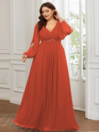 Long Sleeve A-Line Floor Length Deep V-Neck Evening Dresses