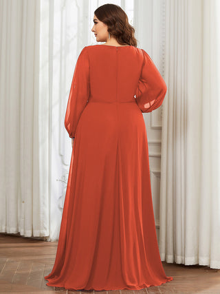 Long Sleeve A-Line Floor Length Deep V-Neck Evening Dresses