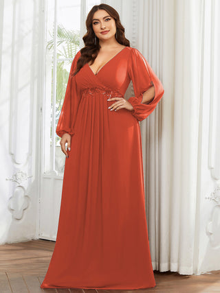 Long Sleeve A-Line Floor Length Deep V-Neck Evening Dresses