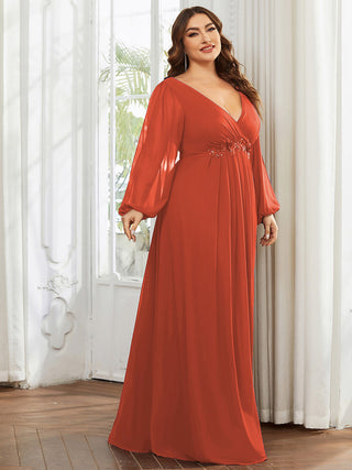 Long Sleeve A-Line Floor Length Deep V-Neck Evening Dresses