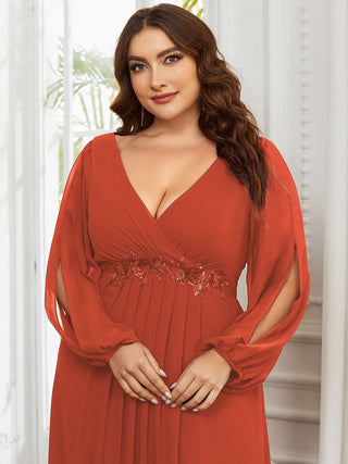 Long Sleeve A-Line Floor Length Deep V-Neck Evening Dresses