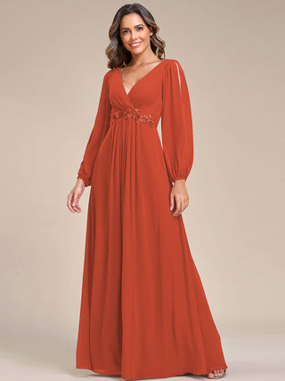 Long Sleeve A-Line Floor Length Deep V-Neck Evening Dresses